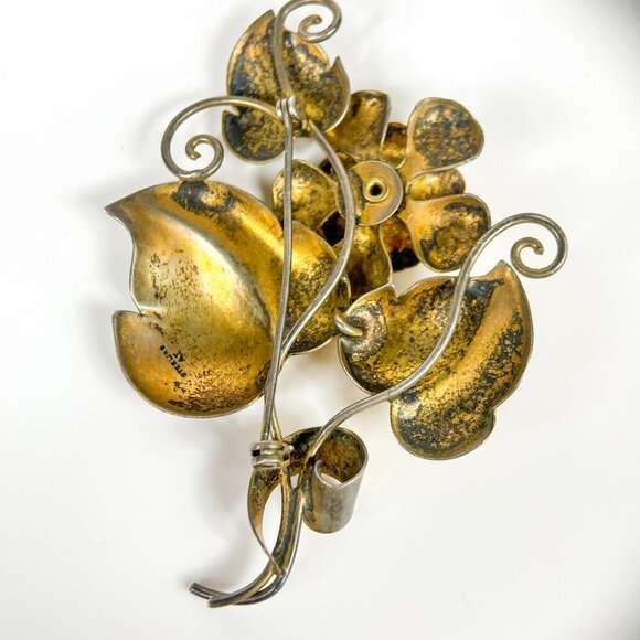 Vintage Sterling Silver Tone Floral Leaves Brooch Red Rhinestone Gold Plated - Picture 2 of 4